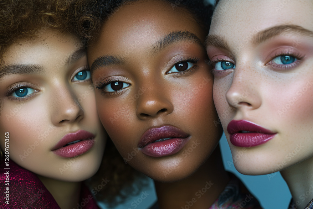 Three models with different skin tones, showcasing diversity in beauty and skincare Three models with different skin tones, showcasing diversity in beauty and skincare