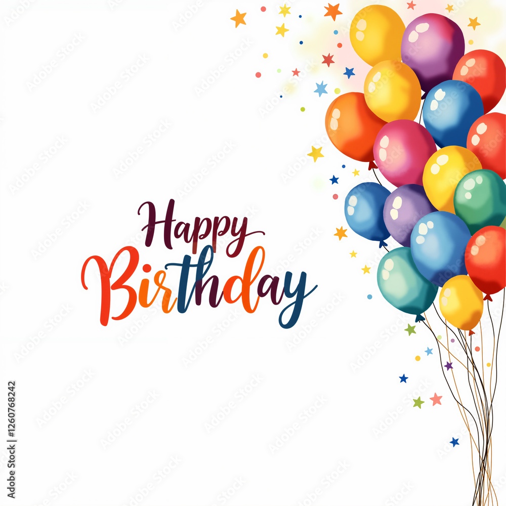 Birthday card with a colorful bouquet of balloons on a light pink background, featuring a mix of red, yellow, blue, green, and purple balloons, and the words Happy Birthday. Birthday card with a colorful bouquet of balloons on a light pink background, featuring a mix of red, yellow, blue, green, and purple balloons, and the words Happy Birthday.