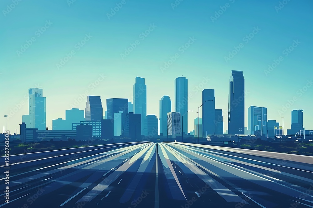 Fototapeta premium Modern city at sunset. Urban landscape with road, skyscrapers and highway.