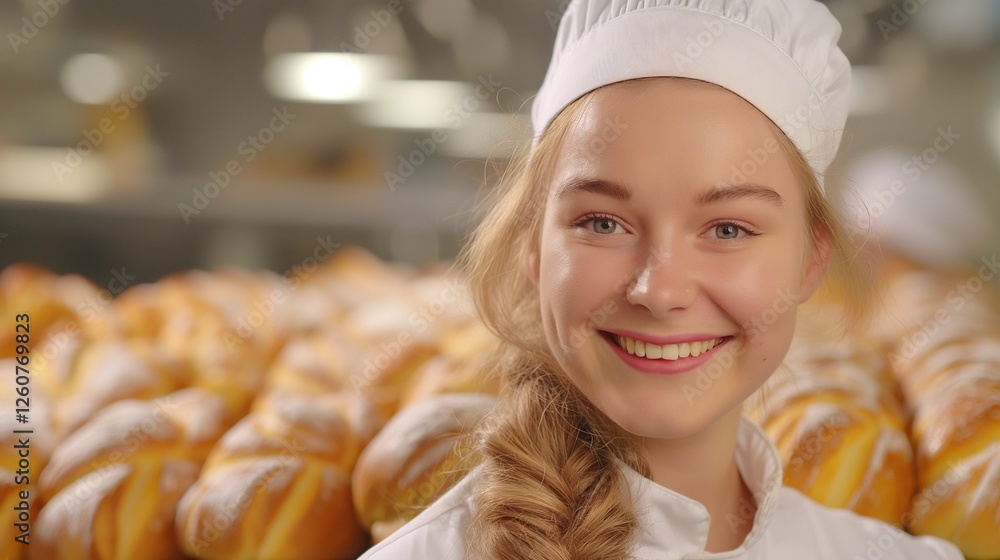 Smiling young female baker in bread factory portrait image. Baking professional woman in white uniform and chef hat picture photorealistic. Bakeshop. Bakehouse concept photo realistic Smiling young female baker in bread factory portrait image. Baking professional woman in white uniform and chef hat picture photorealistic. Bakeshop. Bakehouse concept photo realistic