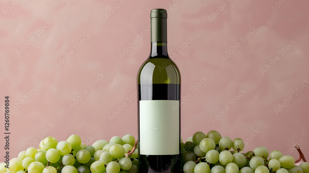 Wine bottle surrounded by fresh grapes studio product photography minimalist background close-up beverage aesthetics Wine bottle surrounded by fresh grapes studio product photography minimalist background close-up beverage aesthetics
