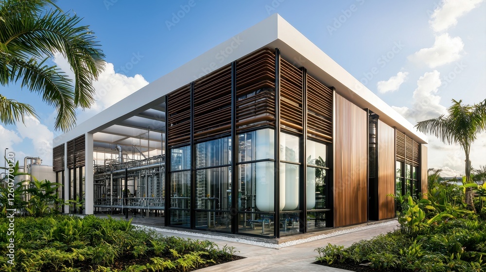 A modern building featuring sleek glass and wooden elements, surrounded by lush greenery under a bright sky. A modern building featuring sleek glass and wooden elements, surrounded by lush greenery under a bright sky.