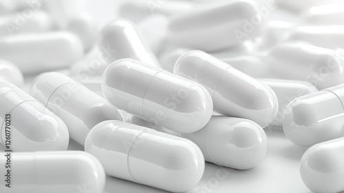 Clean white capsules scattered on white background sense of purity and potential. 