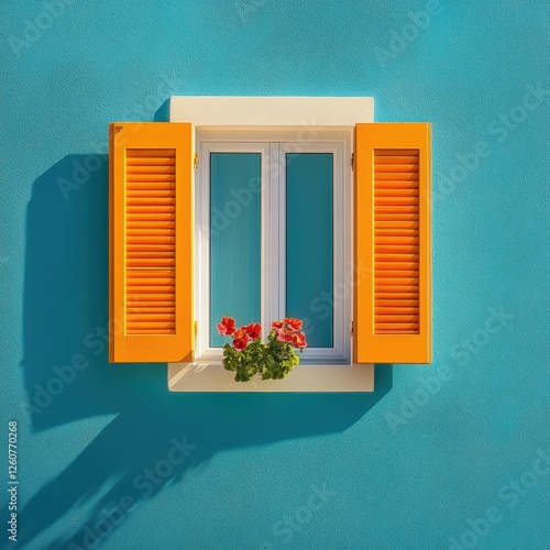 Bright Orange Shuttered Window with Flower Box on Blue Wall
