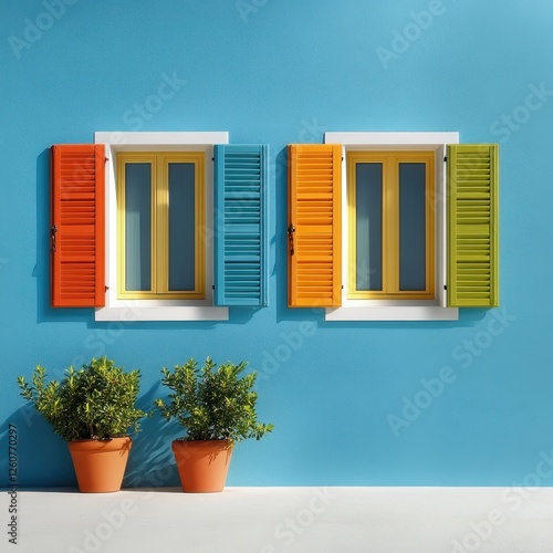 Colorful Windows with Shutters on Bright Blue Wall and Green Plants