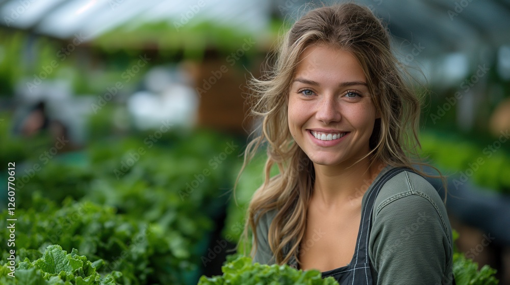 Smiling woman in greenhouse surrounded by fresh greens portrait image. Positivity and sustainability picture photorealistic photography. Horticulture hothouse concept photo realistic Smiling woman in greenhouse surrounded by fresh greens portrait image. Positivity and sustainability picture photorealistic photography. Horticulture hothouse concept photo realistic