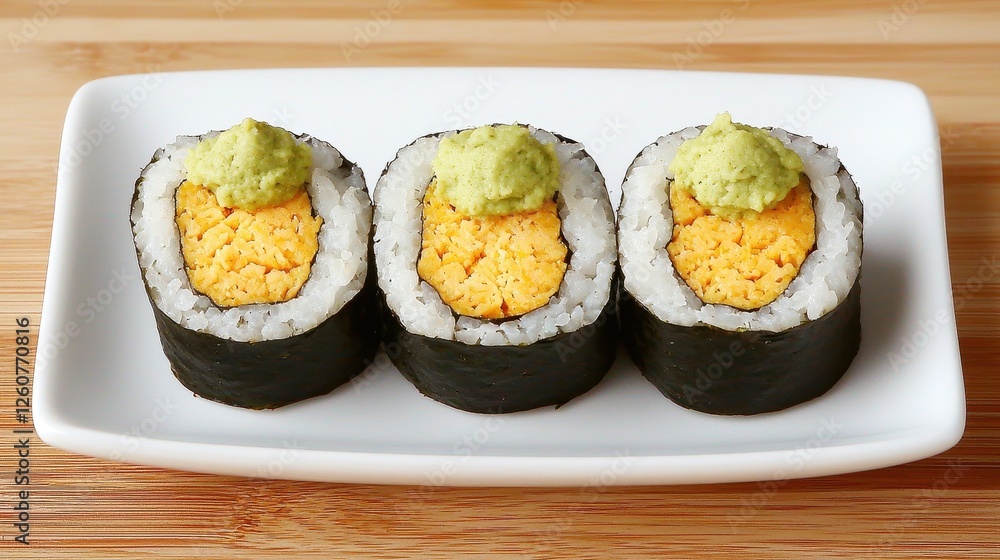 Fresh Sushi Rolls with Vibrant Wasabi on a White Plate Perfect for Culinary Exploration Fresh Sushi Rolls with Vibrant Wasabi on a White Plate Perfect for Culinary Exploration