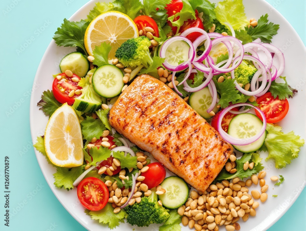 Grilled Salmon Salad with Vegetables and Pine Nuts Grilled Salmon Salad with Vegetables and Pine Nuts