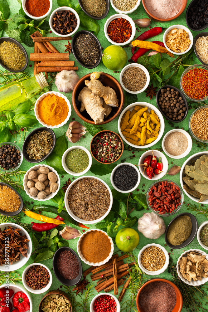 Fresh, fragrant spices and herbs arranged in an array of colors, sitting on a soft green backdrop, bringing flavor and zest to any kitchen Fresh, fragrant spices and herbs arranged in an array of colors, sitting on a soft green backdrop, bringing flavor and zest to any kitchen