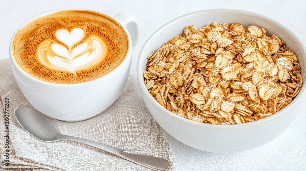 Warm Bowl of Oatmeal and Coffee with Latte Art Heart on a Light Background Warm Bowl of Oatmeal and Coffee with Latte Art Heart on a Light Background