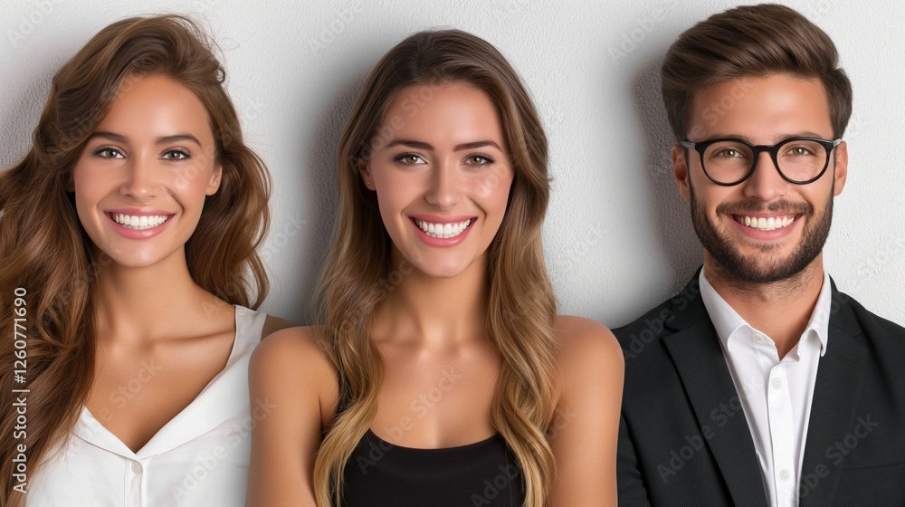 Smiling young professionals portrait against white background image. Caucasian employees picture photorealistic photography. Positivity, teamwork, professionalism concept photo realistic Smiling young professionals portrait against white background image. Caucasian employees picture photorealistic photography. Positivity, teamwork, professionalism concept photo realistic