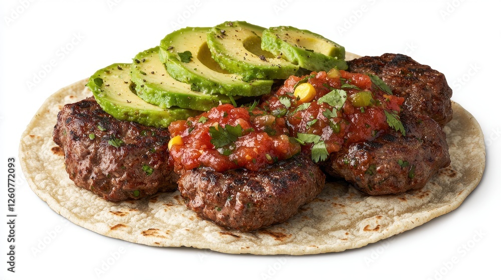 Grilled Beef Patties with Fresh Avocado and Salsa on Soft Tortilla Wrap Grilled Beef Patties with Fresh Avocado and Salsa on Soft Tortilla Wrap