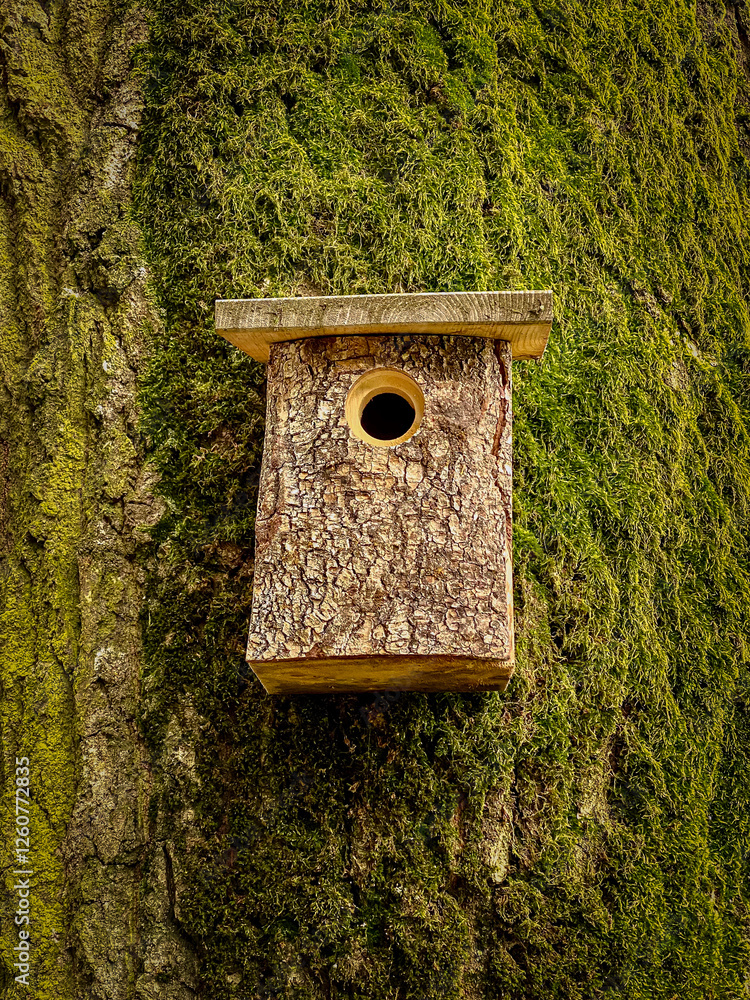 Birdhouse on a tree trunk covered with green moss, close up