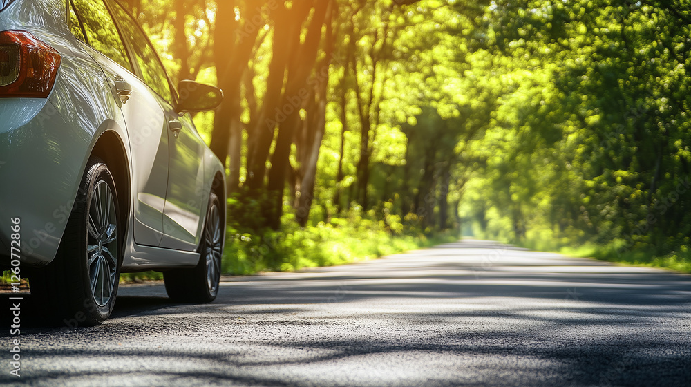 Obraz premium A car driving on a scenic road through a dense forest, surrounded by lush greenery and natural landscapes, perfect for a friendly travel adventure