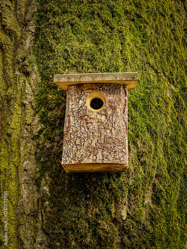 Obraz na płótnie Birdhouse on a tree trunk covered with green moss, close up w salonie