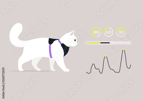 A white cat wearing a harness walks calmly, while a graphical display showcases her health metrics, These parameters provide valuable insights into the pet's overall wellbeing and activity levels
