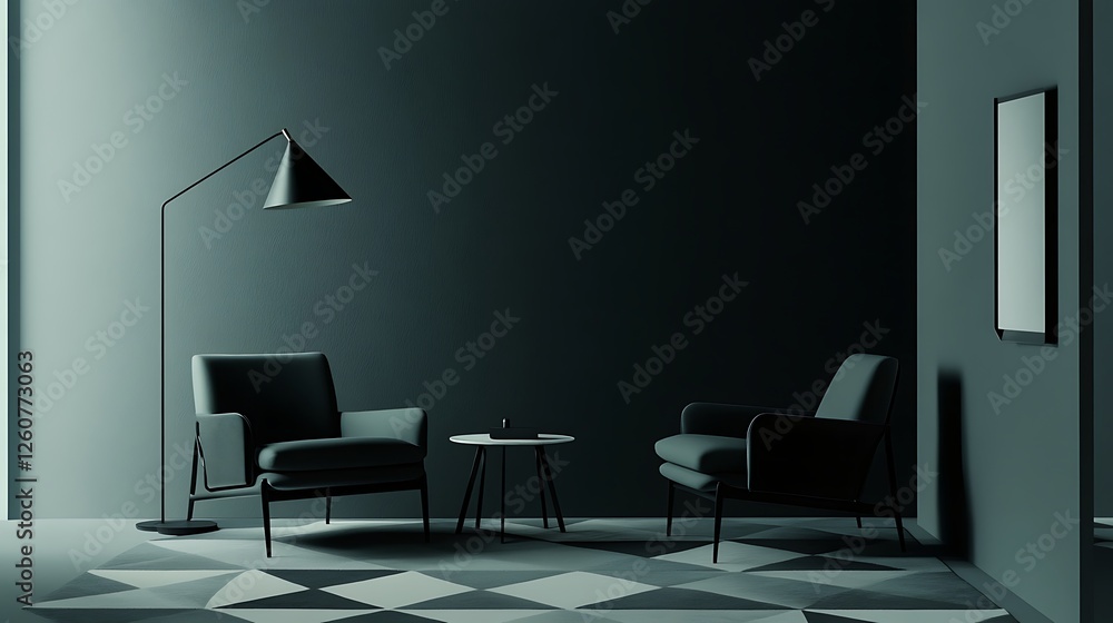 Modern minimalist living room with two armchairs and a floor lamp Modern minimalist living room with two armchairs and a floor lamp
