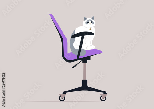 A delightful ragdoll cat sits comfortably on a contemporary office chair, its fluffy coat contrasting with the chic purple upholstery, creating a charming workspace vibe