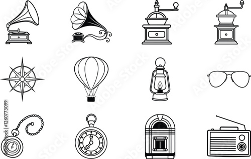 Vintage Icons Retro Gramophone, Coffee Grinder, Hot Air Balloon, Compass