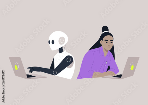 In a modern workspace, a human and a robotic figure sit side by side, each focused intently on their laptops, This moment illustrates the harmony between human effort and AI assistance in daily tasks