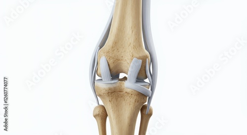 Frontal view shows a detailed human knee joint anatomy