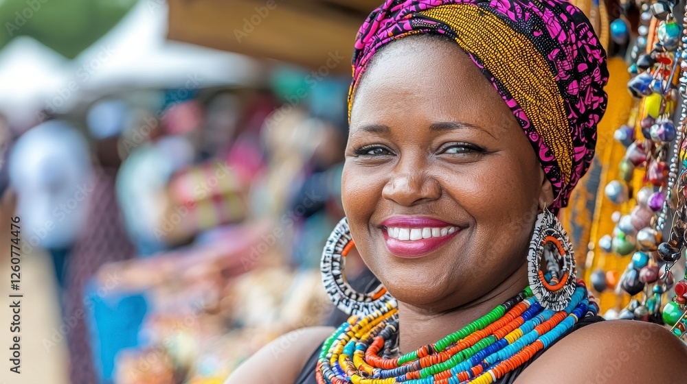 Fototapeta premium Vibrant African Market Scene Featuring a Smiling Female Vendor