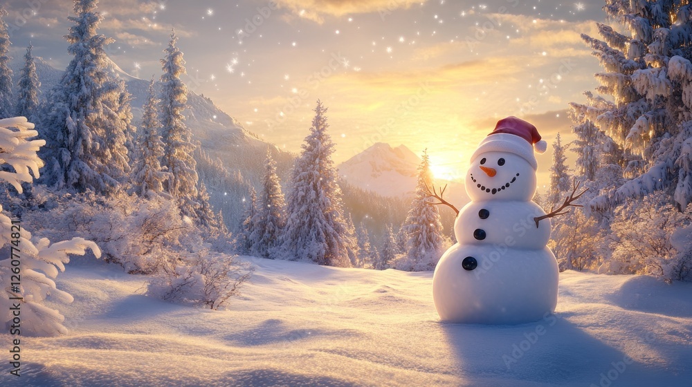 Fototapeta premium Festive Snowman in Snowy Mountains at Sunrise