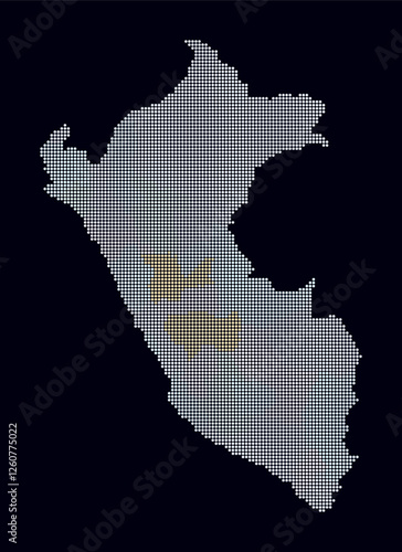 Peru dotted map. Digital style map of the country on a dark background. Peru shape with circle dots. Colored dots style. Small-sized circles. Simple vector illustration.