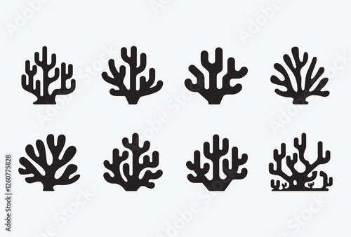 Coral Icon Set. Coral Silhouette Collection. Underwater Coral Vector Set. Sea Coral Icon Pack. Marine Coral Silhouette Designs.