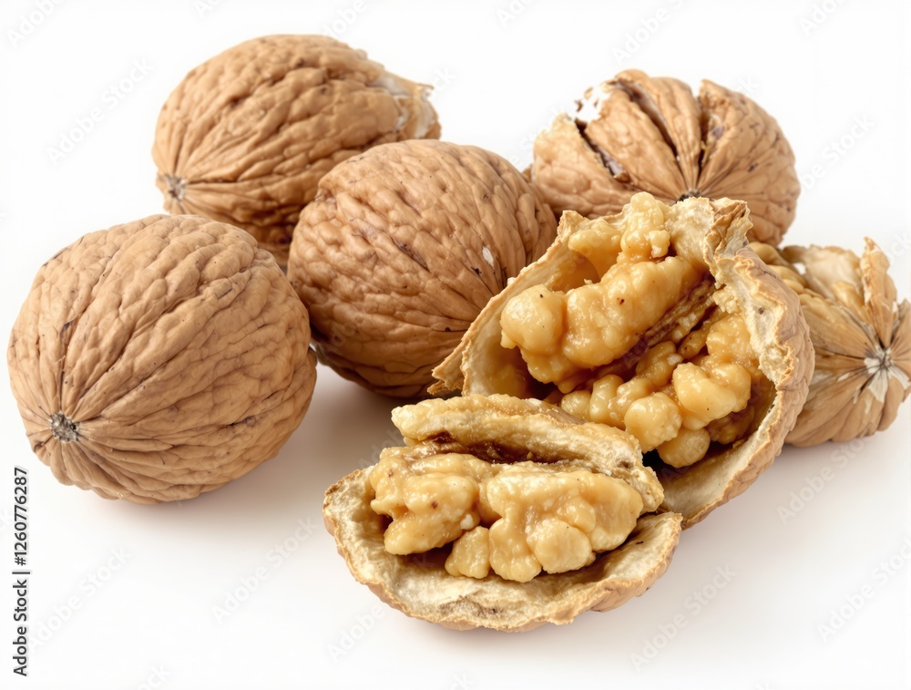 Walnuts in Shell and Opened Showing Kernels Walnuts in Shell and Opened Showing Kernels