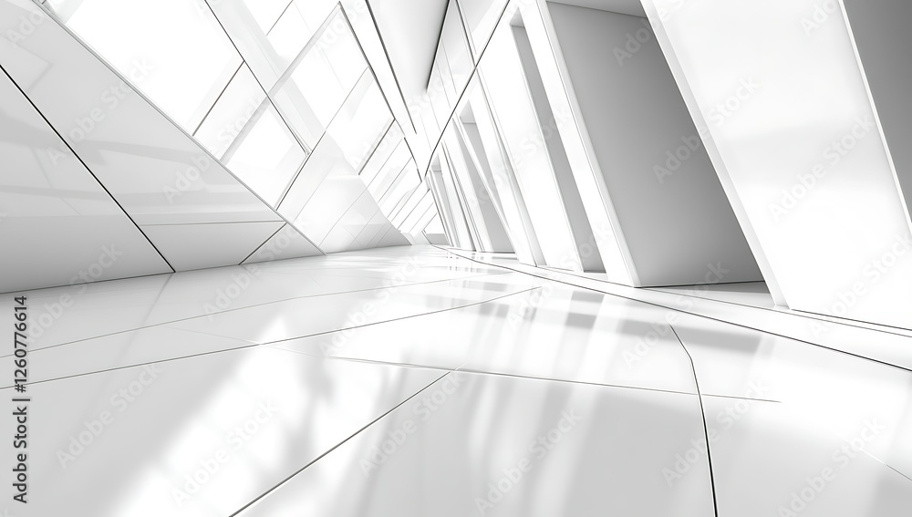 Obraz premium Modern white building interior, hallway perspective, sunlight, clean design, architecture visualization