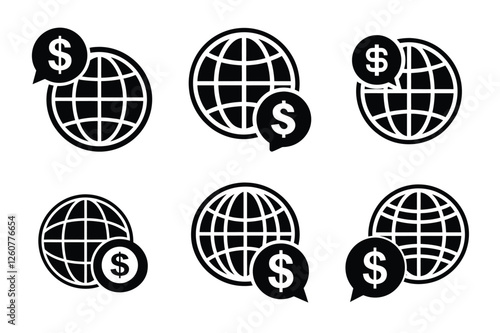 Global Finance Icon Set – Currency and Money Symbols with Globe for International Trade, Economy, and Business Transactions