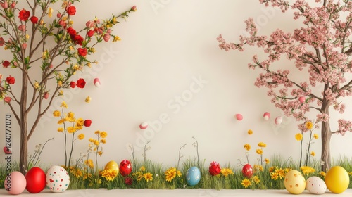 Easter eggs, flowers, trees, pastel colors, spring scene, background photo, holiday decor, for social media or greeting cards photo