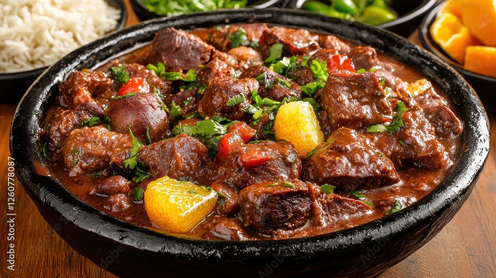 Savory Beef Stew with Vegetables and Citrus Garnish in Traditional Serving Dish