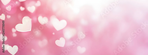 Abstract blurred pink background with white hearts for Valentine's Day, wedding, or other events