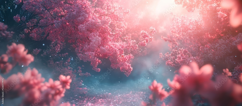 Fototapeta premium Pink blossom path, sunlit mist, fantasy scene