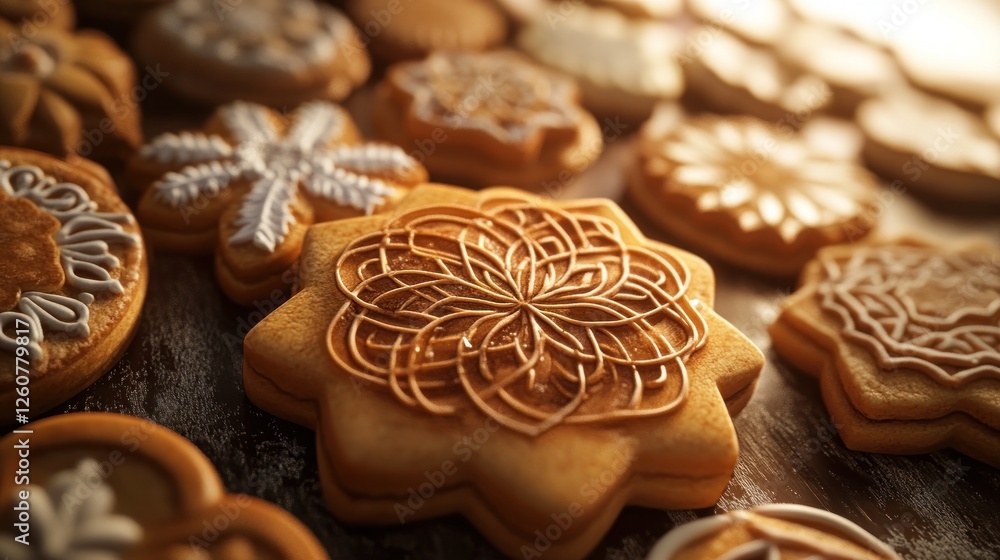 Close-up decorated gingerbread cookies on wooden table Close-up decorated gingerbread cookies on wooden table