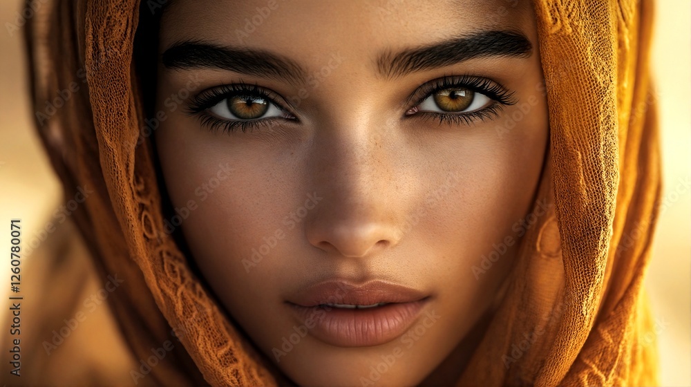 a close-up of a woman's face with her head covered by an orange shawl. a close-up of a woman's face with her head covered by an orange shawl.