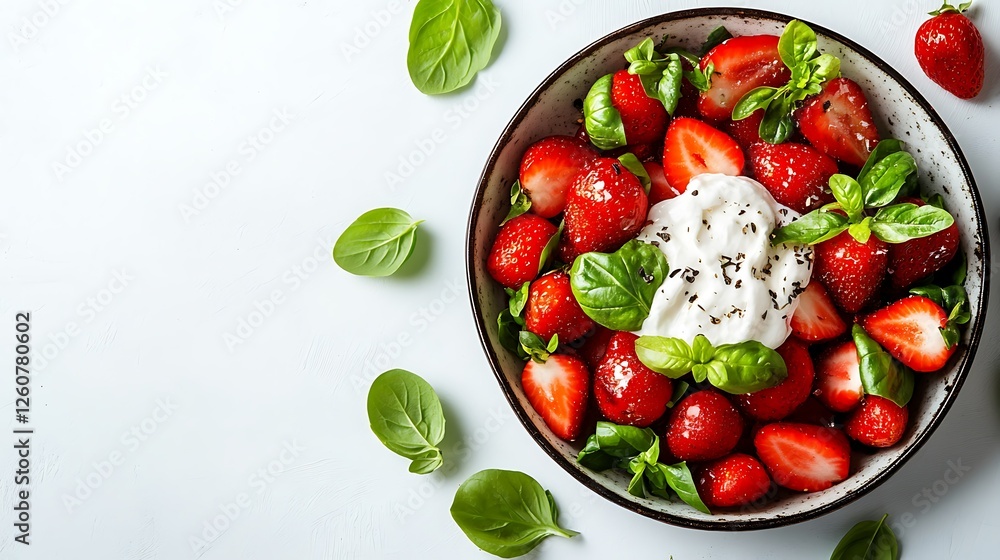 Fresh strawberry basil salad with cream, overhead view Fresh strawberry basil salad with cream, overhead view