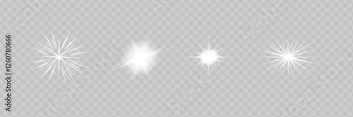 Glow isolated white transparent starlight effect set, lens flare, explosion, line, sun flash, glitter, spark and stars. Abstract special effect element design. Shine ray with lightning,