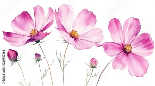 Fototapeta Naklejka Na Ścianę i Meble -  Watercolor cosmos flowers bouquet on white background. Possible use for a botanical wallpaper