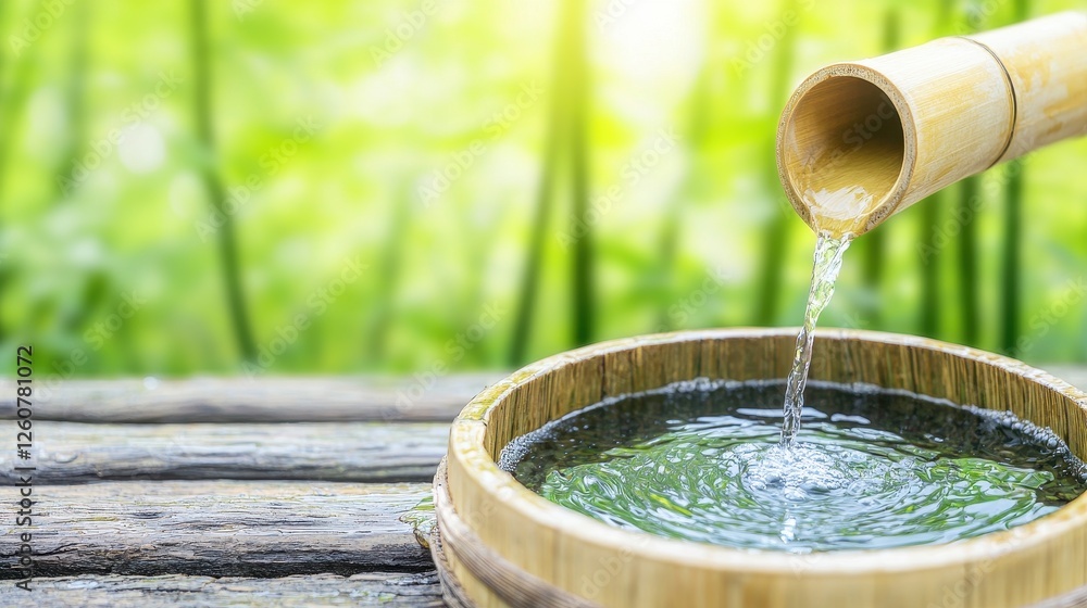 Bamboo Water Flowing from Natural Spout into Traditional Wooden Bowl in Green Forest Bamboo Water Flowing from Natural Spout into Traditional Wooden Bowl in Green Forest