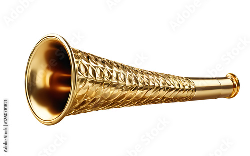 A shiny golden party horn with a spiral pattern, isolated on a empty plain background photo