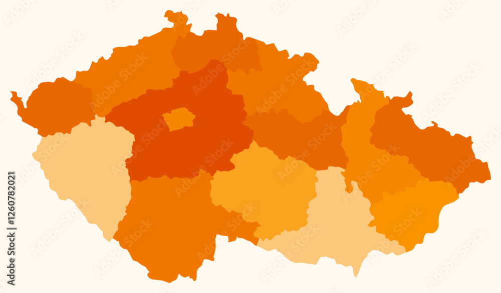 Map of Czechia with regions. Just a simple country border map with region division. Orange color palette. Flat Czechia shape with administrative division. Vector illustration. Map of Czechia with regions. Just a simple country border map with region division. Orange color palette. Flat Czechia shape with administrative division. Vector illustration.