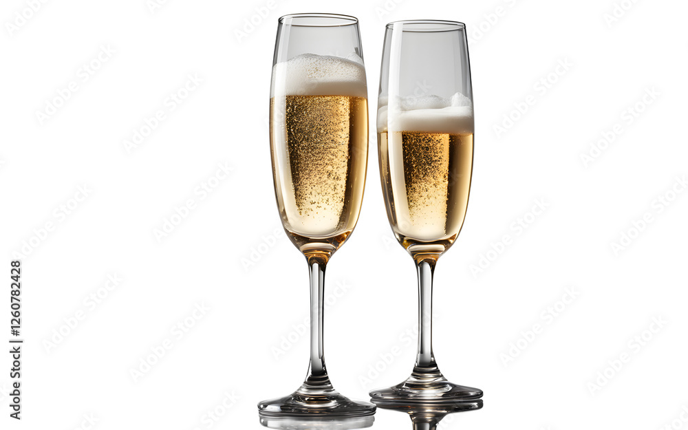 A transparent champagne glass filled with bubbly liquid, isolated on a empty plain background A transparent champagne glass filled with bubbly liquid, isolated on a empty plain background