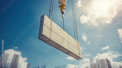 Concrete block lifted by crane in construction site photo