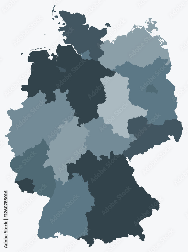 Obraz premium Map of Germany with regions. Just a simple country border map with region division. Blue grey color palette. Plain Germany shape with administrative division. Vector illustration.