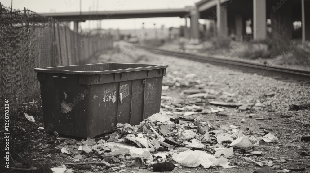 Naklejka premium Urban decay trash bin near railway tracks