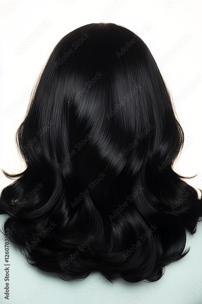 Naklejka premium Jet Black Waves: A luxurious cascade of jet black hair flows in soft waves, exuding elegance and timeless beauty. This close-up shot captures the texture and shine of the hair.