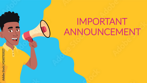 Important announcement Banner Vector. Black Guy With Loudspeaker. Speakerphone. Business Advertising. Place For Text. Attention Illustration